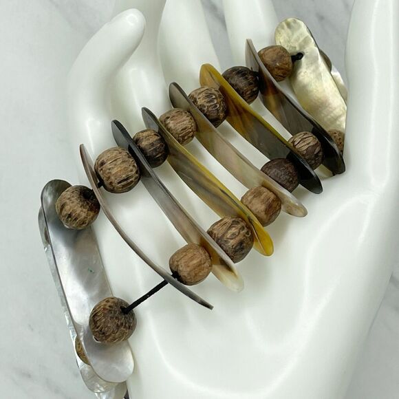 Wide Abalone Shell Ladder Beaded Stretch Bracelet - Picture 1 of 9